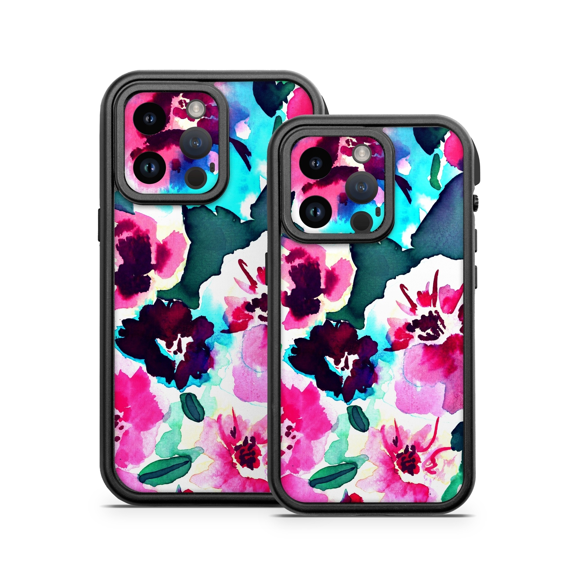OtterBox Fre iPhone 14 Series Case Skin design of Flower, Pink, Petal, Plant, Pattern, Hawaiian hibiscus, Design, Magenta, Flowering plant, Watercolor paint, with white, pink, blue, green, red colors