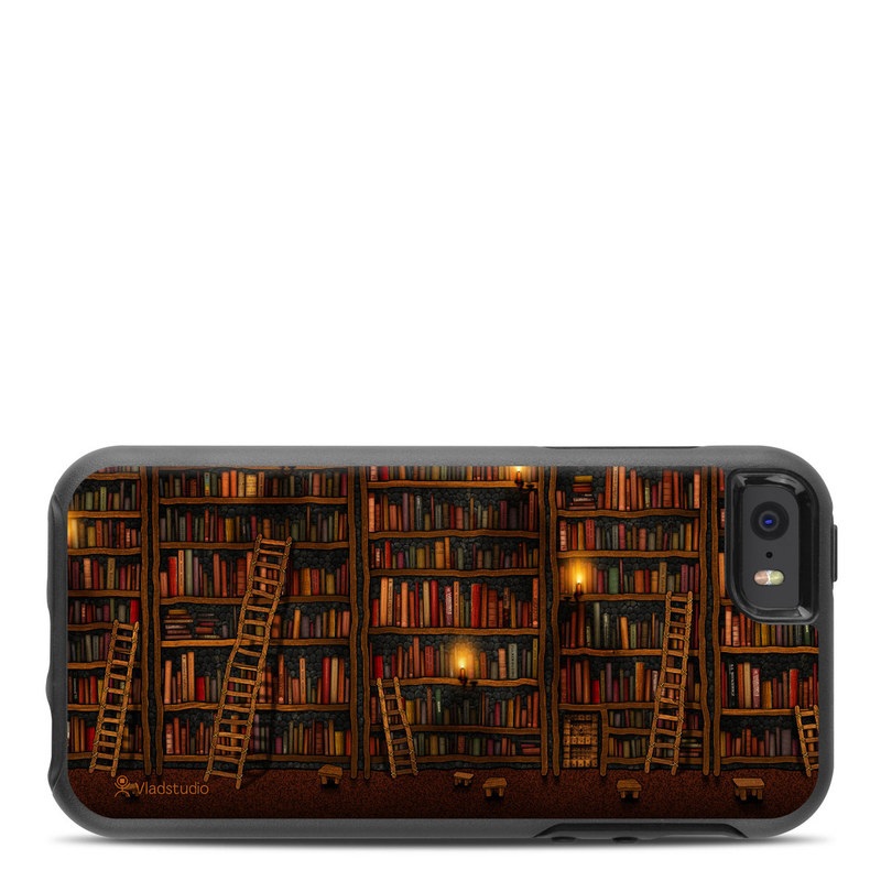 OtterBox Symmetry iPhone SE 1st Gen Case Skin design of Shelving, Library, Bookcase, Shelf, Furniture, Book, Building, Publication, Room, Darkness, with black, red colors