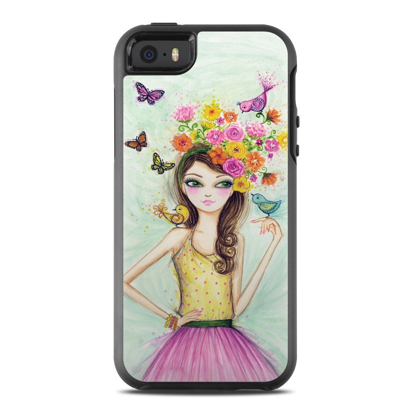 OtterBox Symmetry iPhone SE 1st Gen Case Skin design of Pink, Illustration, Fashion illustration, Watercolor paint, Fictional character, Dress, Hair accessory, Wildflower, Costume, Plant, with blue, pink, yellow, orange, purple, brown, green colors