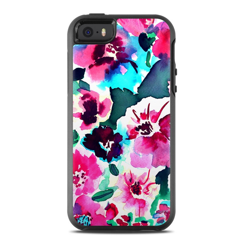 OtterBox Symmetry iPhone SE 1st Gen Case Skin design of Flower, Pink, Petal, Plant, Pattern, Hawaiian hibiscus, Design, Magenta, Flowering plant, Watercolor paint, with white, pink, blue, green, red colors