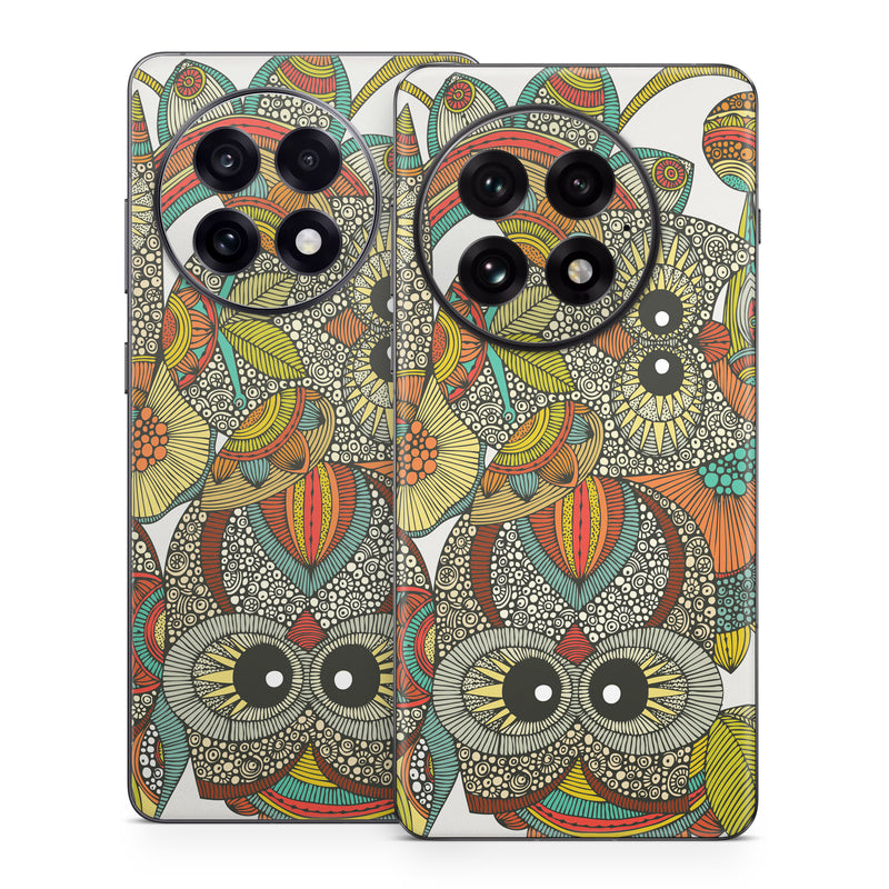 OnePlus 13 Series Skin design of Owl, Pattern, Visual arts, Art, Design, Textile, Illustration, Motif, Bird, with white, green, orange, yellow, blue, red colors