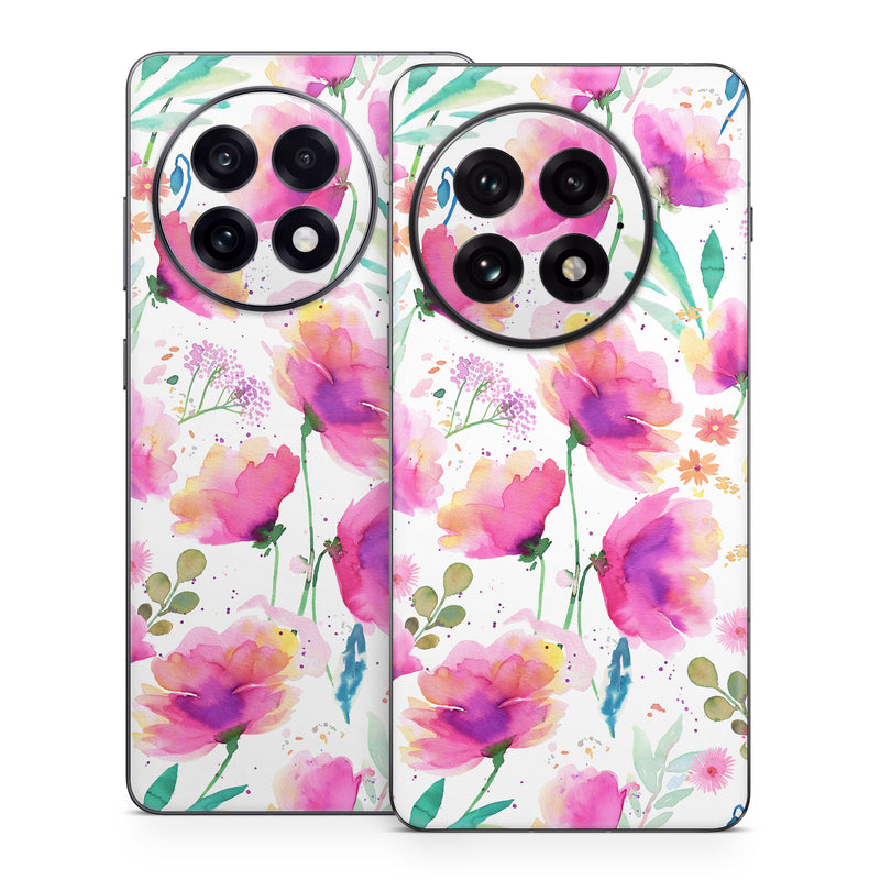 OnePlus 13 Series Skin design of Pink, Watercolor painting, Art Paint, Creative arts, Paint, Floral design, Geraniums, with white, pink, purple, green, yellow, orange colors