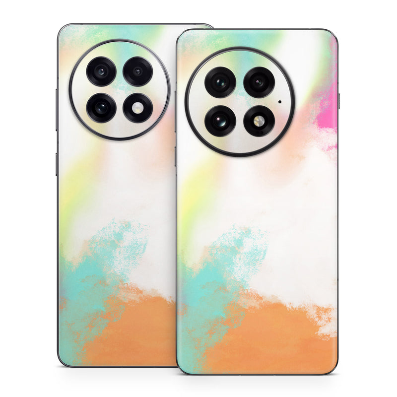 OnePlus 13 Series Skin design of Sky, Yellow, Orange, Pink, Art, Illustration, Visual Arts, Pattern, Colorfulness, Watercolor Paint, with white, pink, orange, yellow, blue, brown colors