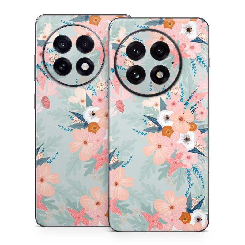 OnePlus 13 Series Skin design of Pattern, Aqua, Wrapping paper, Textile, Design, Floral design, Wildflower, Plant, Pedicel, Blossom, with pink, red, blue, white colors