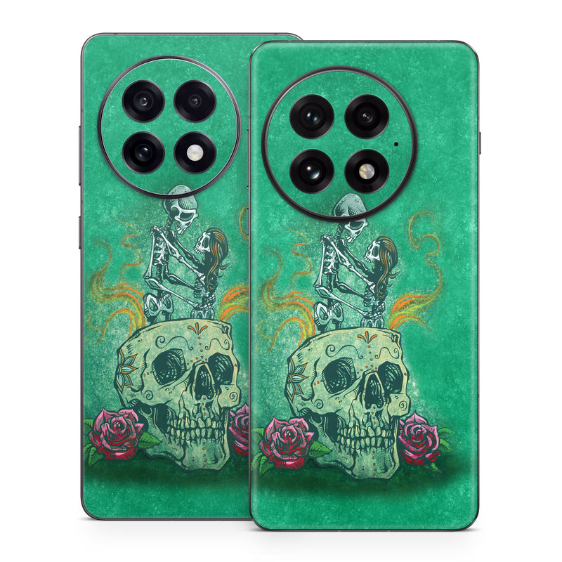OnePlus 13 Series Skin design of Bone, Skull, Aqua, Pattern, Electric blue, Fashion accessory, Font, Fictional character, Art, Grass, with green, pink, red, yellow, orange, white, gray colors