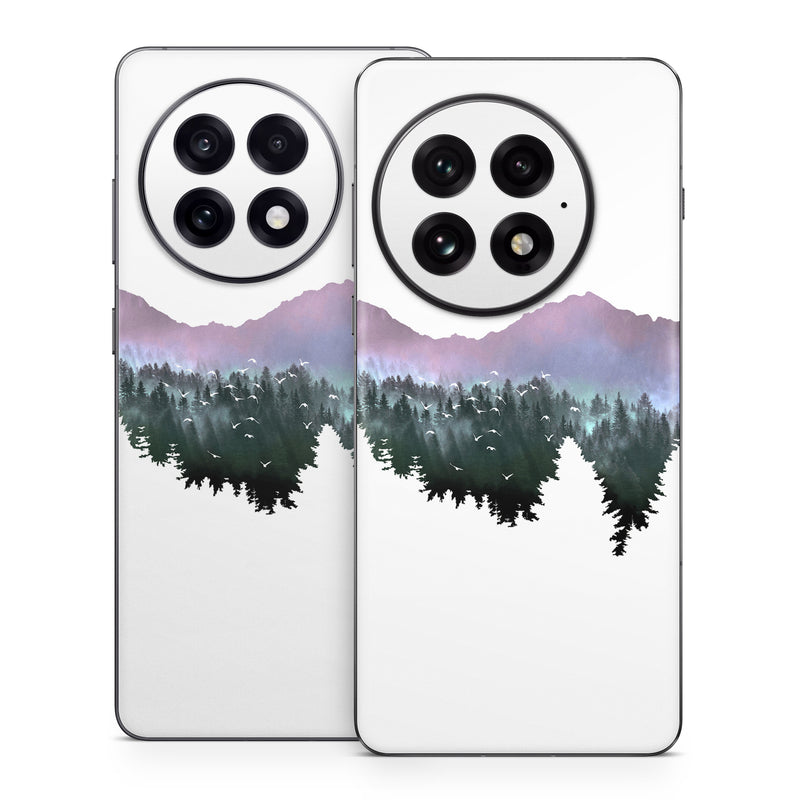 OnePlus 13 Series Skin design of Nature, Mountainous landforms, Mountain, Atmospheric phenomenon, Tree, Wilderness, Sky, Mountain range, Forest, Hill, with white, black, purple, blue, green colors