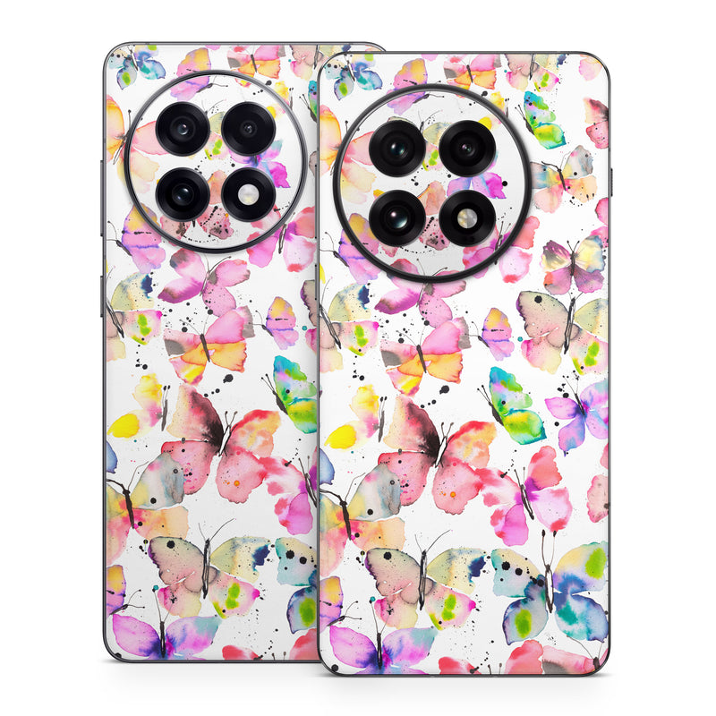 OnePlus 13 Series Skin design of Pollinator, Butterfly, Pink, Insect, Lepidoptera, Arthropod, Paint, Watercolor painting, with white, pink, red, blue, green, purple, yellow, orange colors
