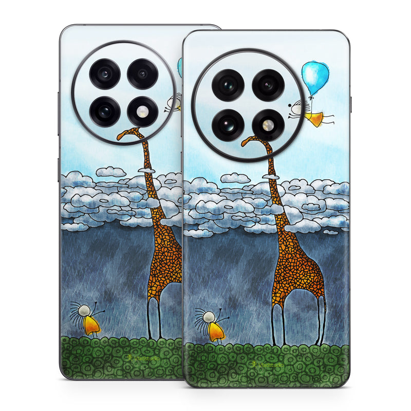 OnePlus 13 Series Skin design of Giraffe, Sky, Tree, Water, Branch, Giraffidae, Illustration, Cloud, Grassland, Bird, with blue, gray, yellow, green colors