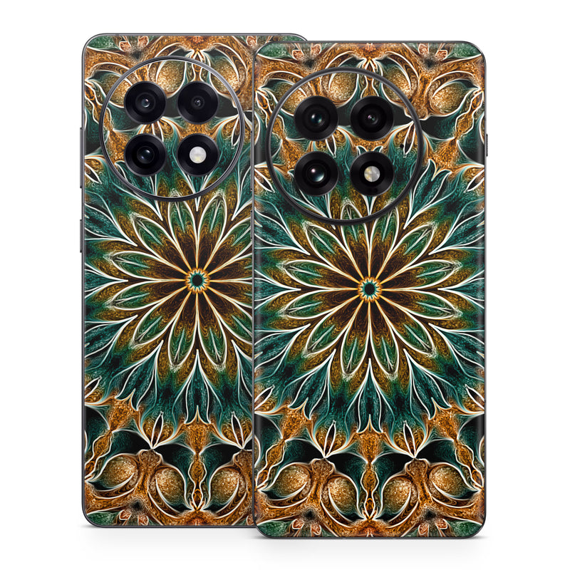 OnePlus 13 Series Skin design of Pattern, Symmetry, Textile, Art, Psychedelic art, Tapestry, Design, Visual arts, Kaleidoscope, Motif, with green, orange, yellow, brown, red colors