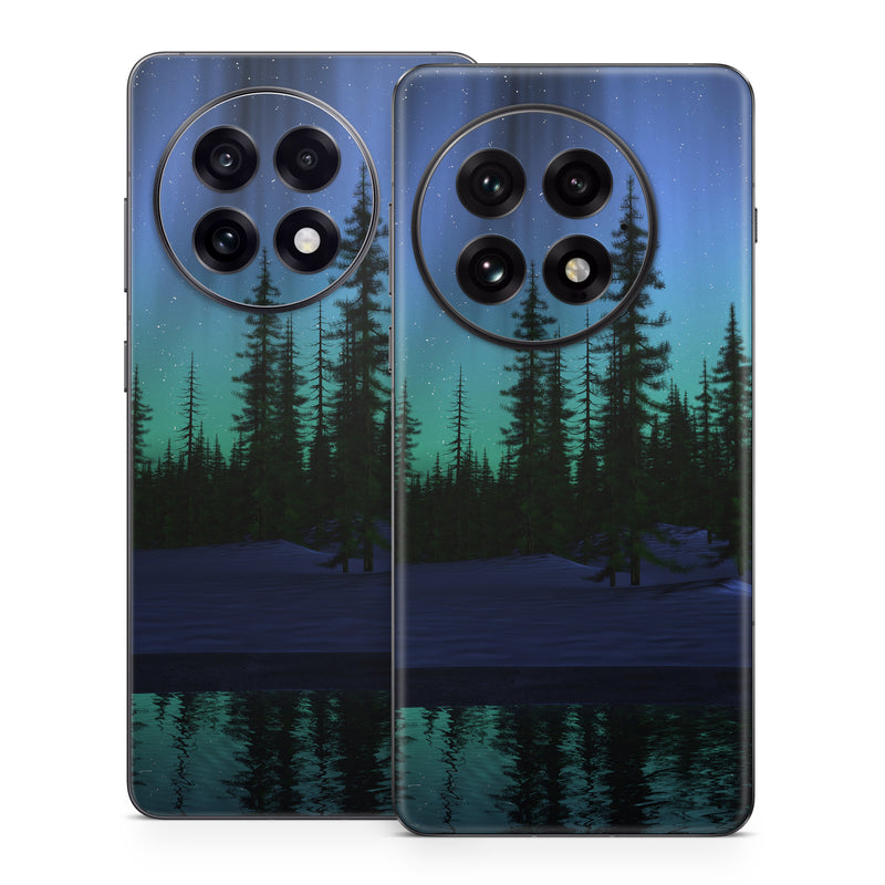 OnePlus 13 Series Skin design of Aurora, Nature, Sky, shortleaf black spruce, Natural landscape, Tree, Wilderness, Natural environment, Biome, Spruce-fir forest, with blue, purple, green, black colors