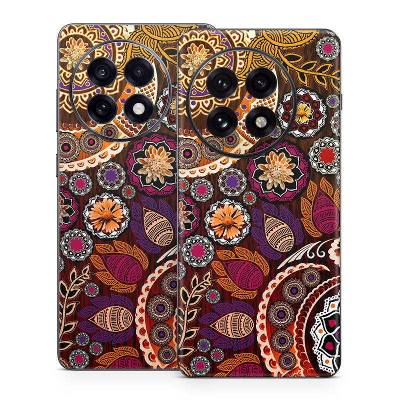 OnePlus 13 Series Skin design of Pattern, Motif, Visual arts, Design, Art, Floral design, Textile, Paisley, Tapestry, Circle, with brown, purple, red, white, black colors