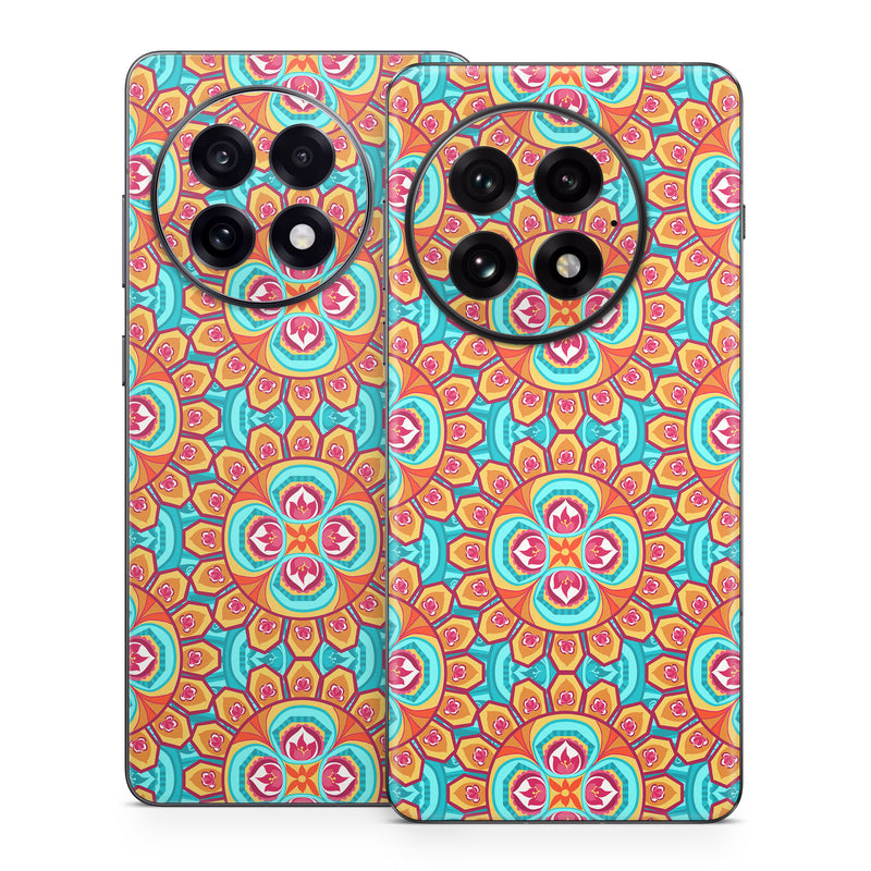 OnePlus 13 Series Skin design of Pattern, Orange, Design, Textile, Wrapping paper, Visual arts, Motif, Circle, Art, with blue, orange, red, yellow colors