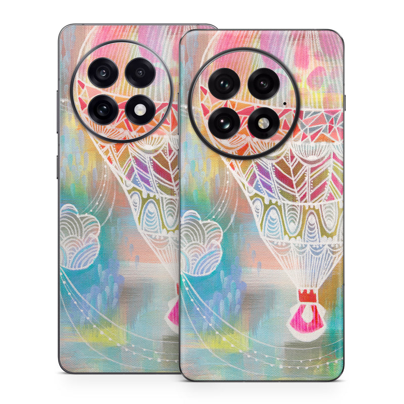 OnePlus 13 Series Skin design of Hot air balloon, Balloon, Illustration, Pattern, Vehicle, Aerostat, Hot air ballooning, Graphic design, Art, with blue, red, yellow, pink, white colors