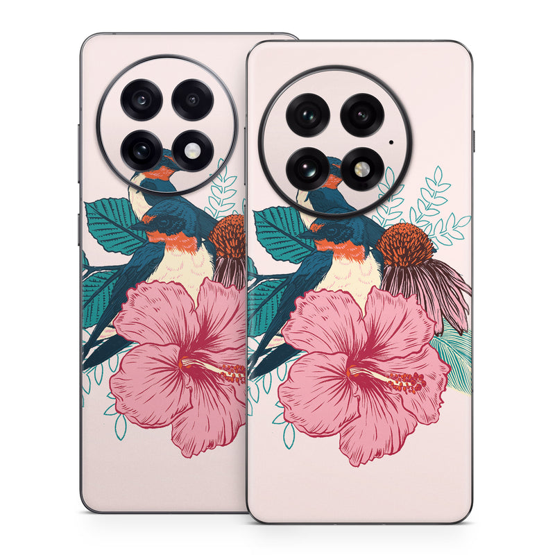 OnePlus 13 Series Skin design of Bird, Hawaiian hibiscus, Hibiscus, Illustration, Chinese hibiscus, Botany, Flower, Plant, Malvales, Mallow family, with blue, pink, green, yellow, red colors