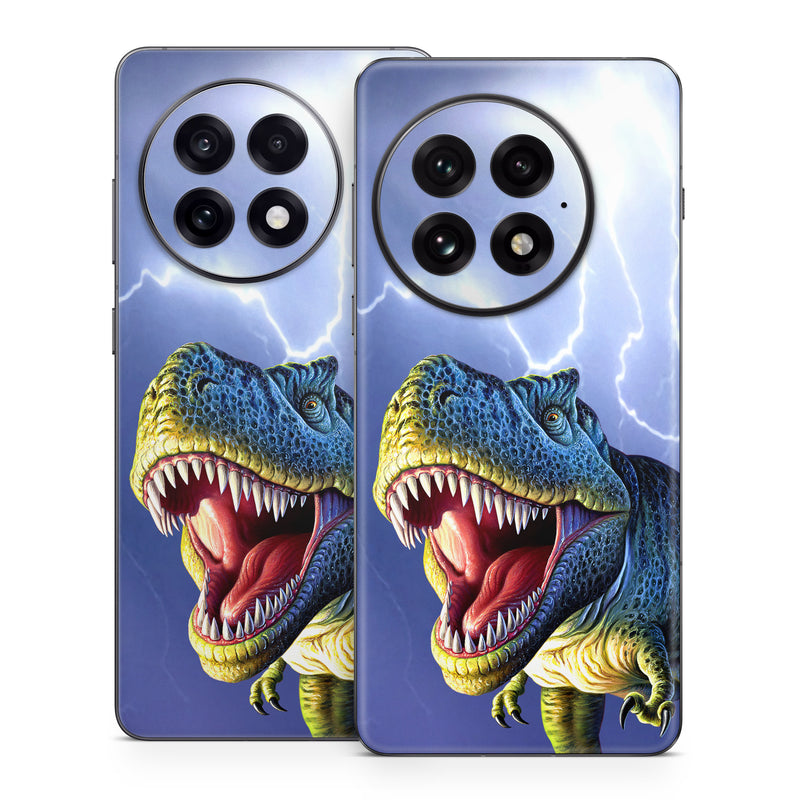 OnePlus 13 Series Skin design of Dinosaur, Extinction, Tyrannosaurus, Velociraptor, Tooth, Jaw, Organism, Mouth, Fictional character, Art, with blue, green, yellow, orange, red colors