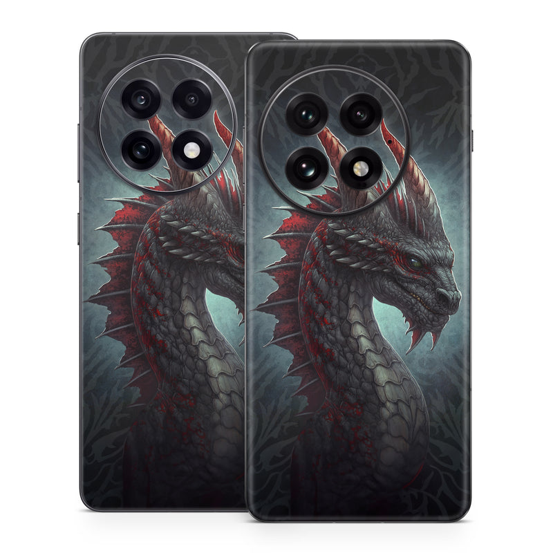 OnePlus 13 Series Skin design of Dragon, Fictional character, Mythical creature, Demon, Cg artwork, Illustration, Green dragon, Supernatural creature, Cryptid, with red, gray, blue colors