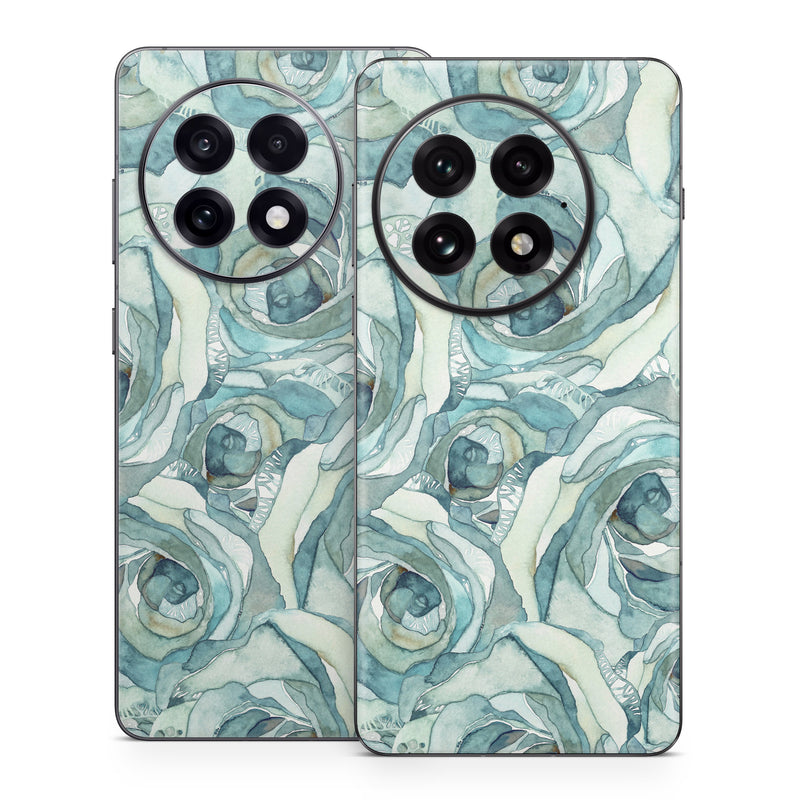 OnePlus 13 Series Skin design of Rose, Garden roses, Blue, Flower, Rose family, Watercolor paint, Plant, Pattern, Rosa × centifolia, Blue rose, with blue, green colors