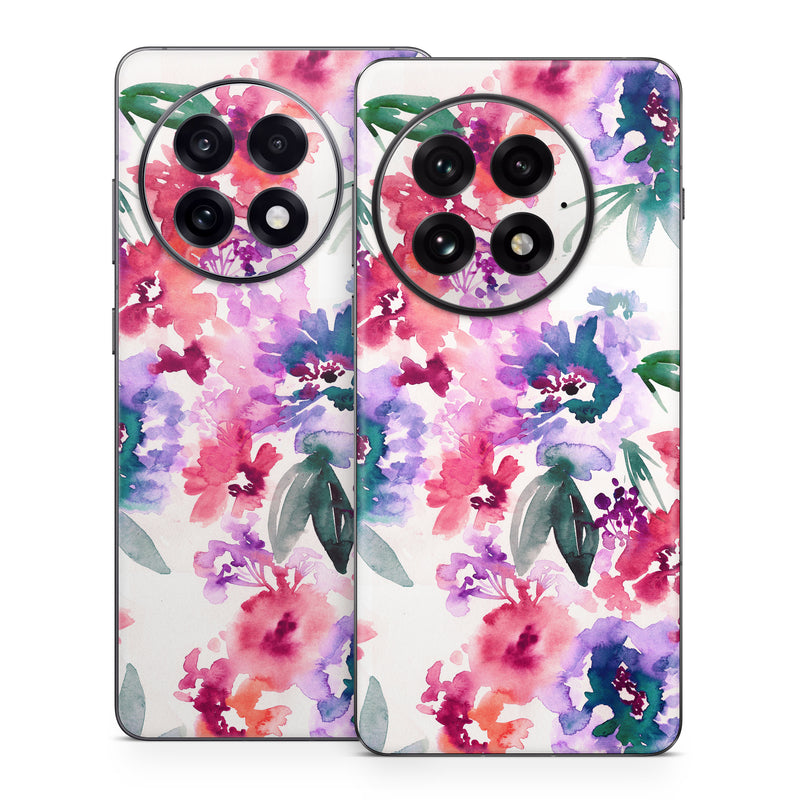 OnePlus 13 Series Skin design of Purple, Pattern, Pink, Lilac, Violet, Flower, Watercolor paint, Floral design, Plant, Design, with green, pink, red, purple, white colors
