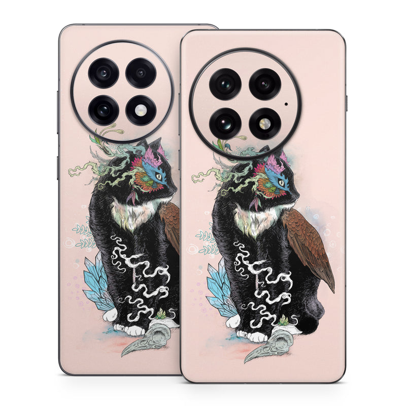 OnePlus 13 Series Skin design of Illustration, Owl, Art, Graphic design, Cat, Tail, with pink, black, brown, red, green colors