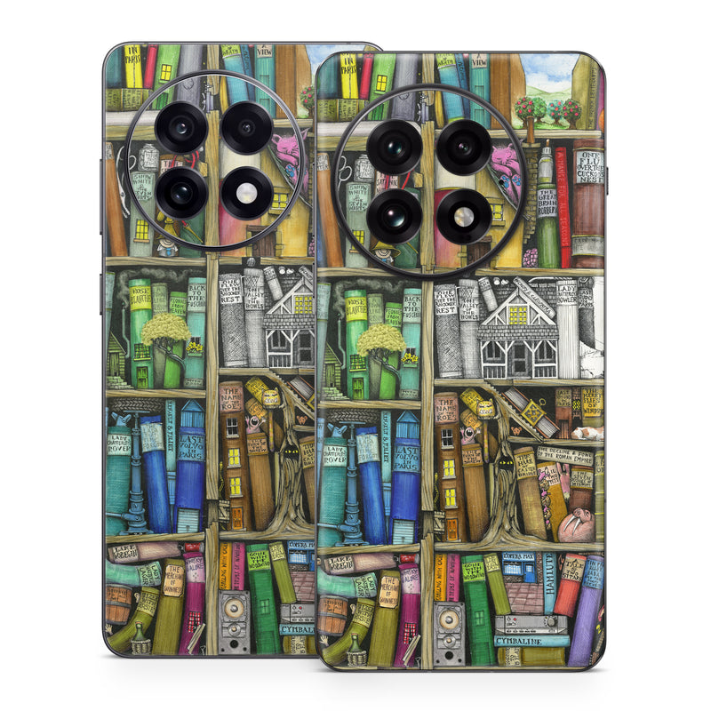 OnePlus 13 Series Skin design of Collection, Art, Visual arts, Bookselling, Shelving, Painting, Building, Shelf, Publication, Modern art, with brown, green, blue, red, pink colors