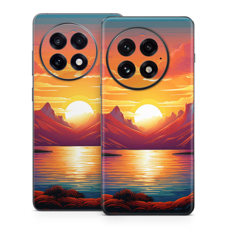 OnePlus 13 Series Skin design of Water, Cloud, Sky, Ecoregion, Afterglow, Light, World, Nature, Natural landscape, Mountain, with red, orange, yellow, blue, purple colors
