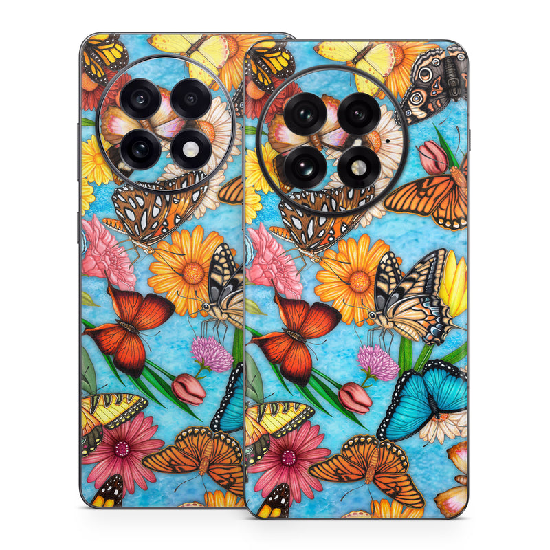 OnePlus 13 Series Skin design of Cynthia (subgenus), Butterfly, Monarch butterfly, Moths and butterflies, Brush-footed butterfly, Pollinator, Insect, Pattern, Design, Organism, with blue, pink, orange, yellow, red colors