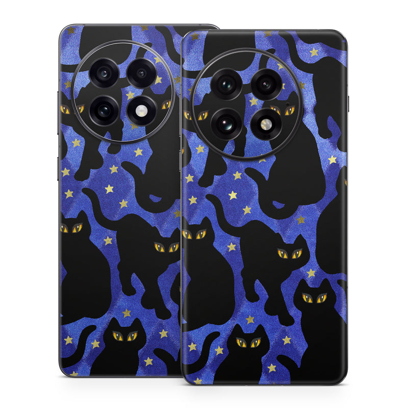 OnePlus 13 Series Skin design of Black cat, Black, Cat, Small to medium-sized cats, Pattern, Felidae, Design, Electric blue, Illustration, Art, with black, blue, purple, yellow colors