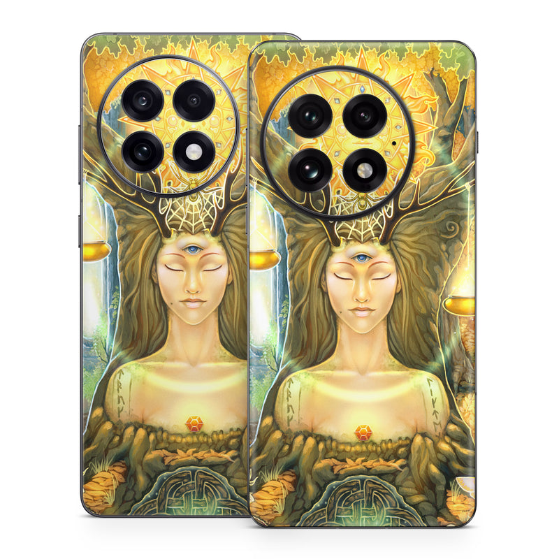 OnePlus 13 Series Skin design of Painting, Art, Illustration, Plant, Fictional character, Mythology, Cg artwork, Visual arts, Glass, Drawing, with yellow, green, brown, pink, orange, black colors