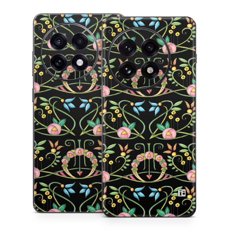 OnePlus 13 Series Skin design of Flower, Rectangle, Textile, Ornament, Plant, Line, Motif, Creative arts, Art, Pattern, with black, pink, blue, green, yellow colors