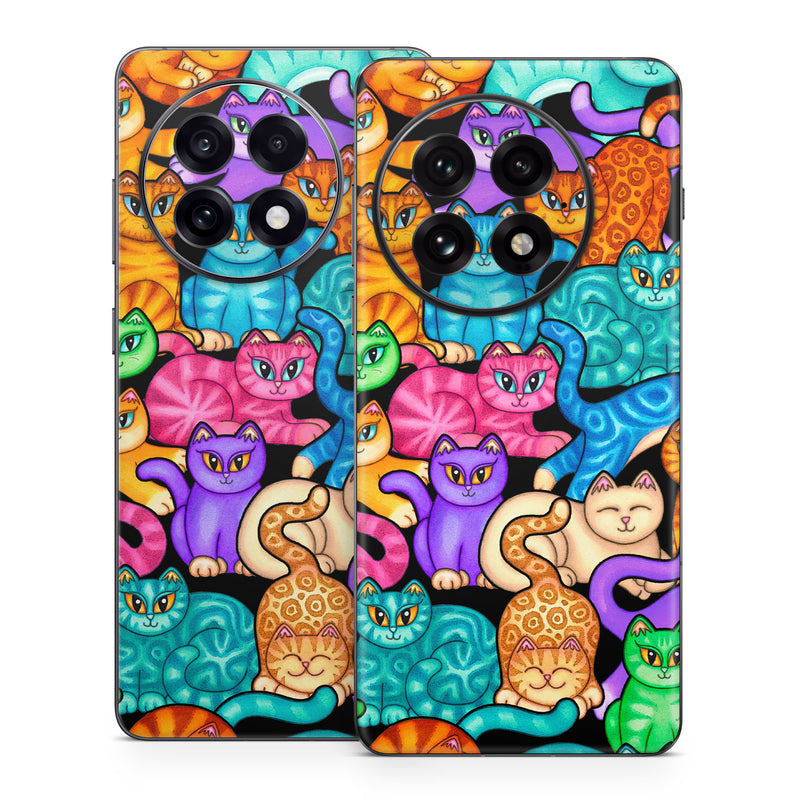 OnePlus 13 Series Skin design of Cat, Cartoon, Felidae, Organism, Small to medium-sized cats, Illustration, Animated cartoon, Wildlife, Kitten, Art, with black, blue, red, purple, green, brown colors