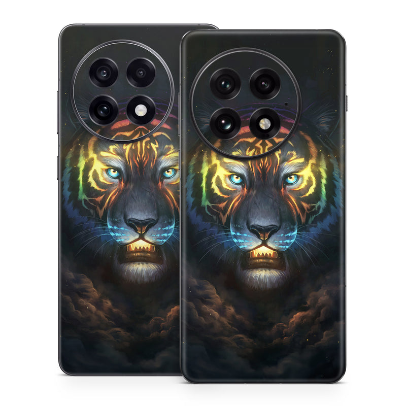OnePlus 13 Series Skin design of Felidae, Vertebrate, Carnivore, Organism, Painting, Roar, Bengal tiger, Big cats, Art, Whiskers, with black, yellow, orange, red, green, purple, blue colors