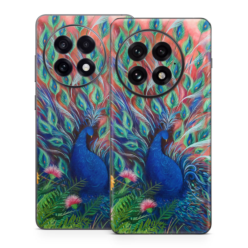 OnePlus 13 Series Skin design of Painting, Acrylic paint, Bird, Child art, Art, Galliformes, Peafowl, Visual arts, Watercolor paint, Plant, with black, red, gray, blue, green colors