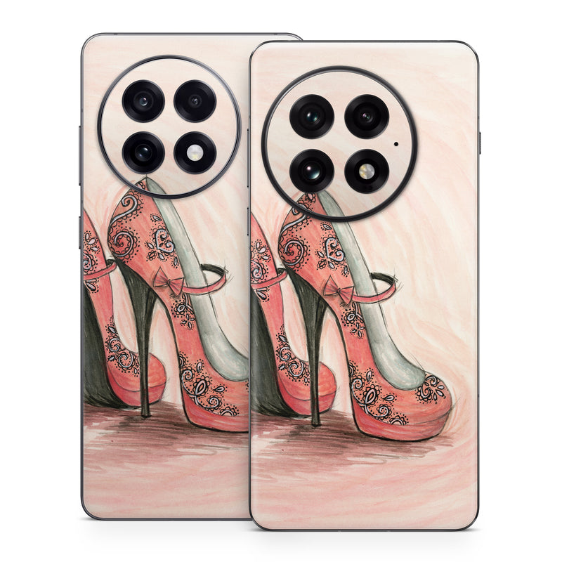 OnePlus 13 Series Skin design of Footwear, High heels, Shoe, Pink, Court shoe, Illustration, Leg, Basic pump, Peach, Painting, with pink, gray, red, white, black, green colors
