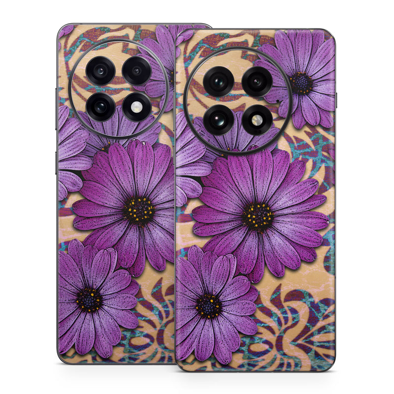 OnePlus 13 Series Skin design of Purple, Flower, Violet, Petal, Plant, african daisy, Floral design, Wildflower, Pattern, Textile, with purple, black, gray, blue, green, red colors