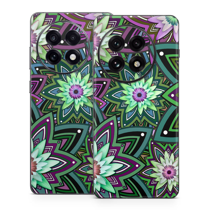 OnePlus 13 Series Skin design of Pattern, Purple, Green, Flower, Psychedelic art, Design, Lilac, Plant, Symmetry, Visual arts, with black, gray, green, purple, blue, red colors