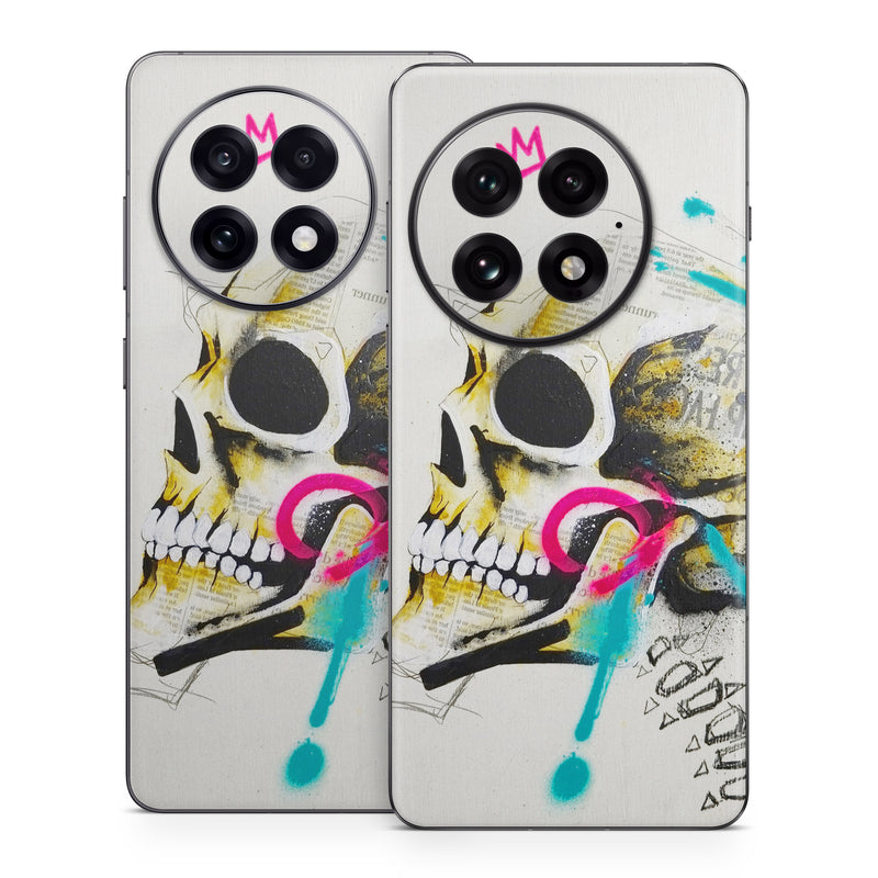 OnePlus 13 Series Skin design of Graphic design, Skull, Illustration, Art, Bone, Drawing, Visual arts, Font, Modern art, Street art, with blue, pink, yellow, black colors