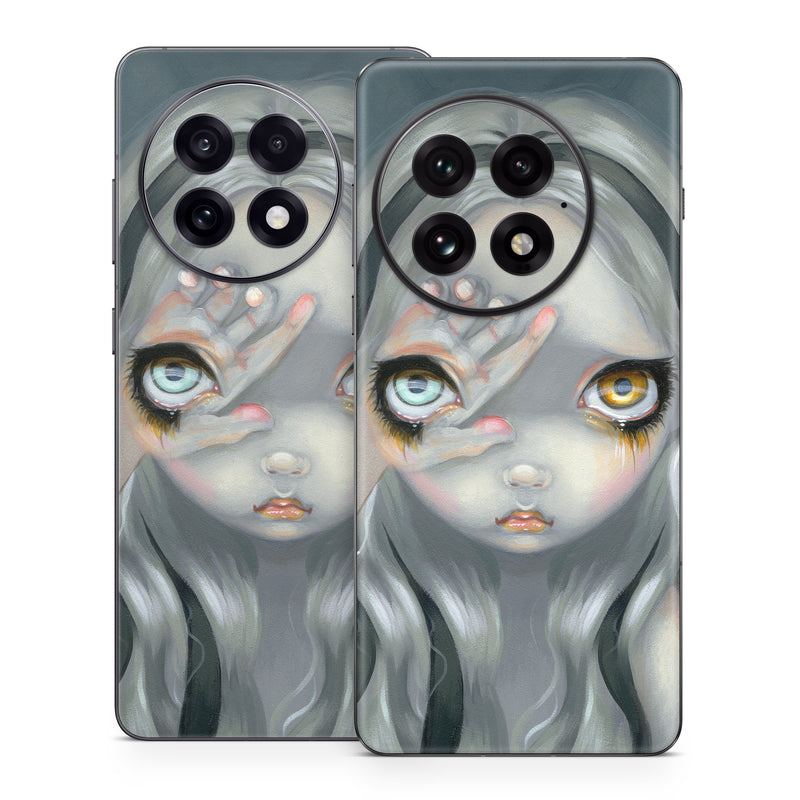 OnePlus 13 Series Skin design of Face, Head, Cg artwork, Eye, Illustration, Organ, Fictional character, Art, Iris, Darkness, with black, gray, blue, green colors