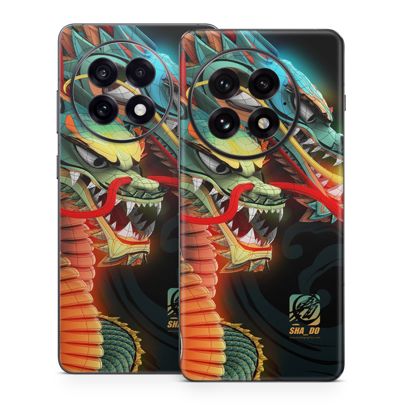 OnePlus 13 Series Skin design of Dragon, Fictional character, Illustration, Art, Cg artwork, Fiction, Mythical creature, Graphics, with black, green, red, yellow, orange colors
