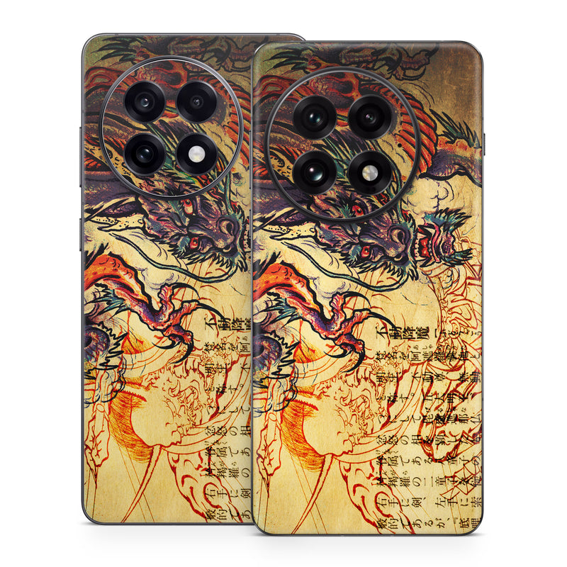OnePlus 13 Series Skin design of Illustration, Fictional character, Art, Demon, Drawing, Visual arts, Dragon, Supernatural creature, Mythical creature, Mythology, with black, green, red, gray, pink, orange colors