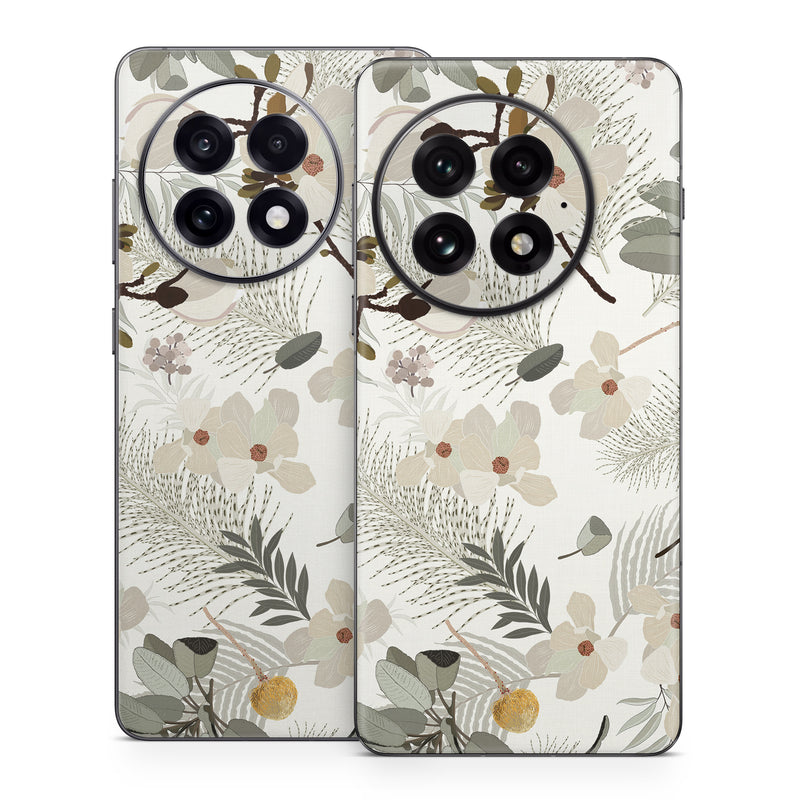 OnePlus 13 Series Skin design of Branch, Botany, Twig, Plant, Textile, Organism, Art, Creative arts, Pattern, Tints and shades, with white, green, yellow, brown, gray colors