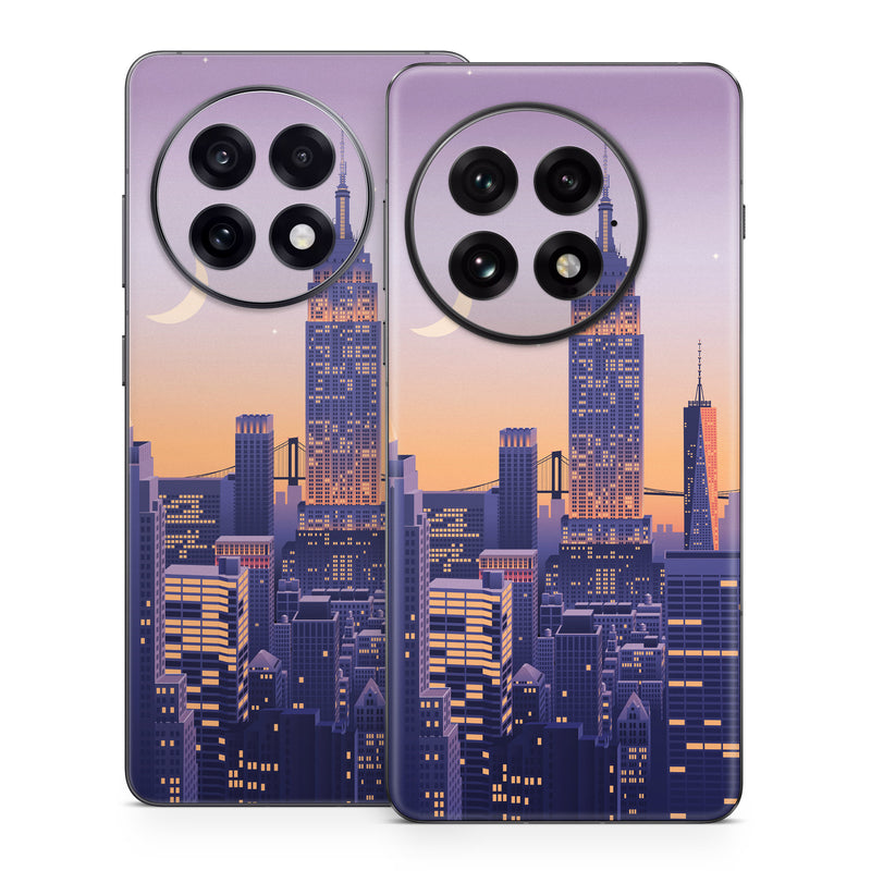 OnePlus 13 Series Skin design of Skyscraper, Building, Sky, Atmosphere, Moon, World, Nature, Tower, Afterglow, Dusk, with blue, purple, yellow, orange colors
