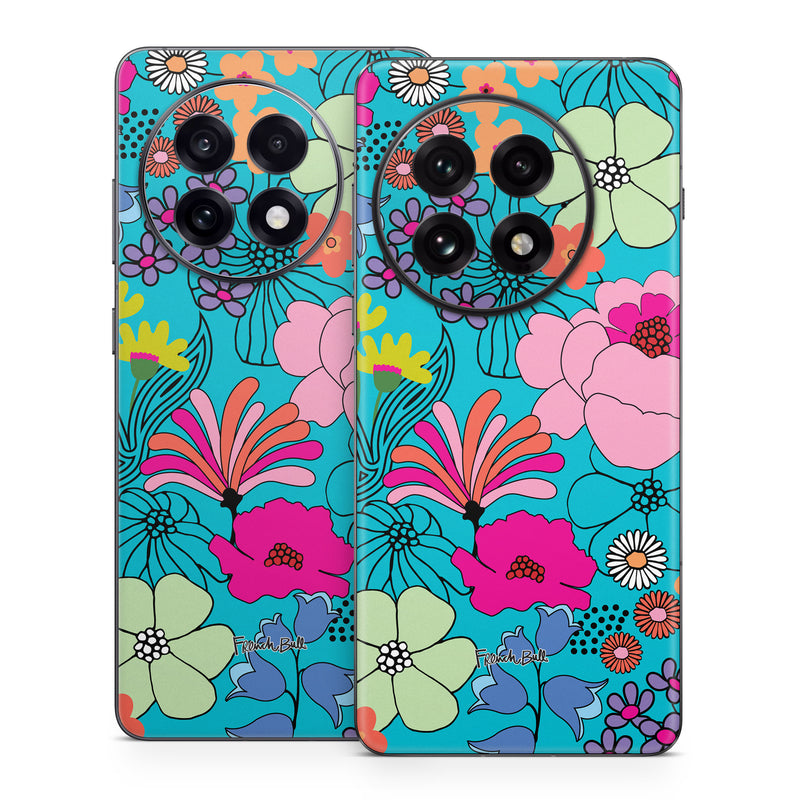 OnePlus 13 Series Skin design of Flower, Green, Azure, Nature, Botany, Petal, Blue, Textile, Pink, Art, with blue, pink, yellow, orange, red, purple, green colors