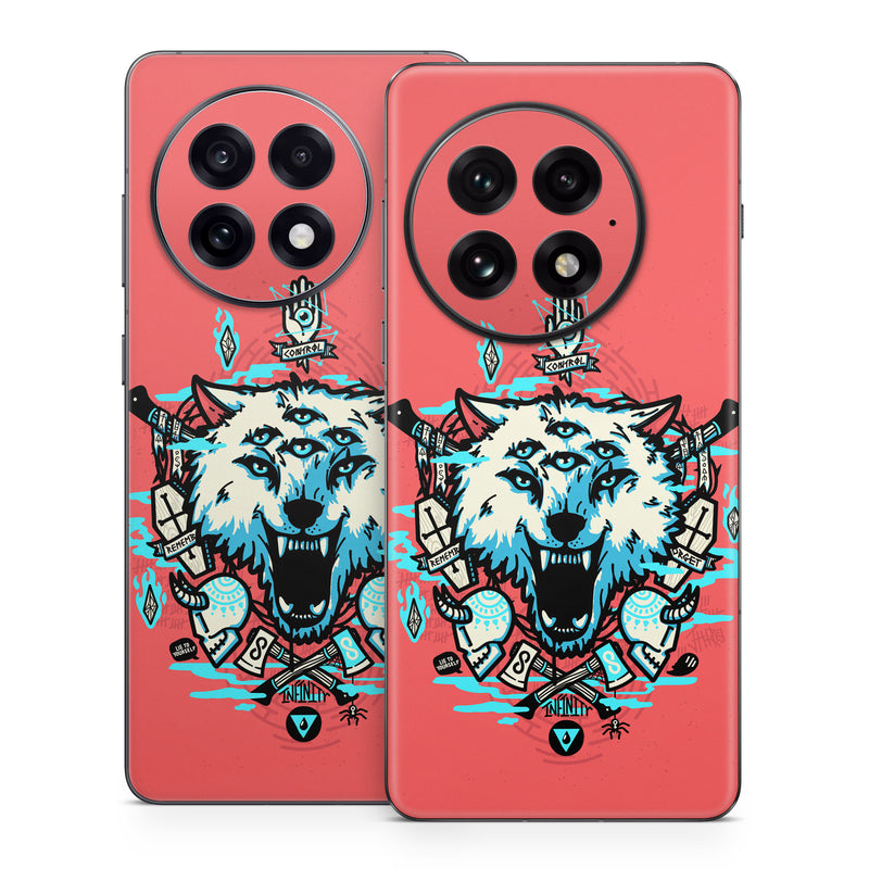 OnePlus 13 Series Skin design of Graphic design, Illustration, Crest, Logo, T-shirt, Symbol, Font, Graphics, Emblem, Pattern, with red, blue, black, gray colors