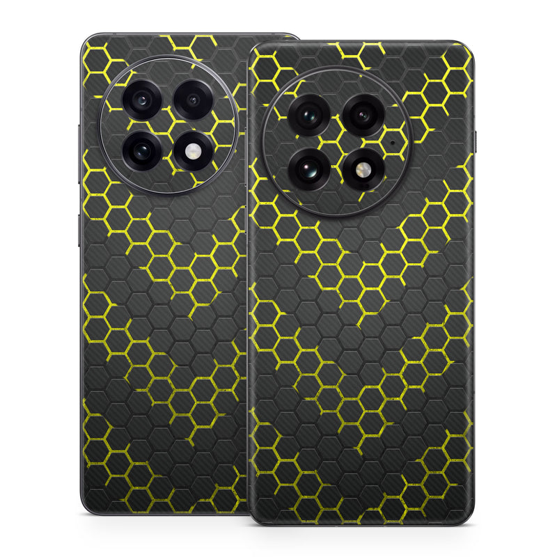 OnePlus 13 Series Skin design of Black, Pattern, Yellow, Mesh, Net, Chain-link fencing, Design, Metal, with black, gray, yellow colors