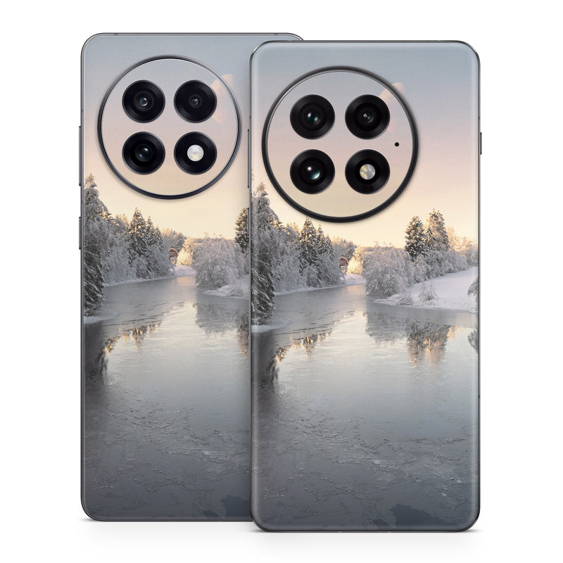 OnePlus 13 Series Skin design of Water, Cloud, Sky, Atmosphere, Water resources, Tree, Natural landscape, Moon, Snow, Dusk, with blue, black, yellow, orange, white colors