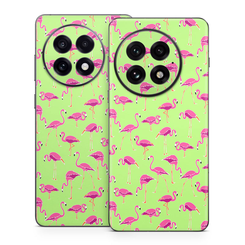 OnePlus 13 Series Skin design of Pink, Green, Red, Pattern, Wrapping paper, Textile, Design, Flamingo, Line, with pink, green colors
