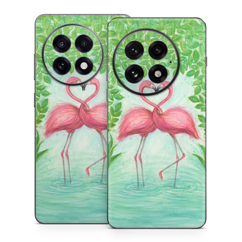 OnePlus 13 Series Skin design of Flamingo, Greater flamingo, Bird, Water bird, Pink, Illustration, Watercolor paint, Organism, Drawing, Stork, with pink, blue, green colors