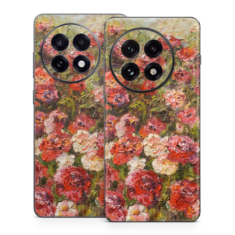 OnePlus 13 Series Skin design of Flower, Garden roses, Rose, Plant, Floribunda, Flowering plant, Rosa × centifolia, Rose family, Botany, Petal, with red, black, green, gray colors