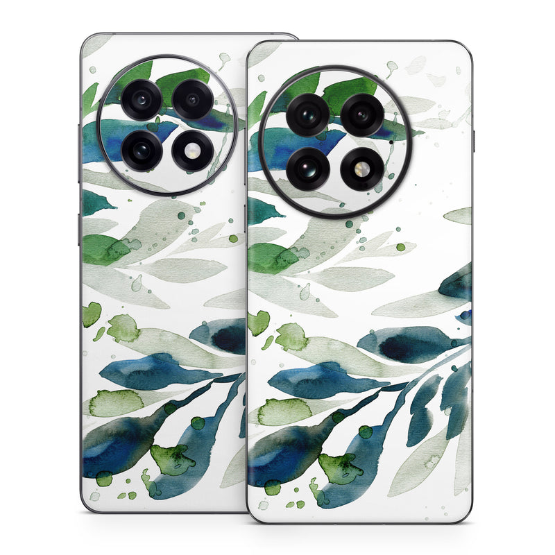 OnePlus 13 Series Skin design of Leaf, Branch, Plant, Tree, Botany, Flower, Design, Eucalyptus, Pattern, Watercolor paint, with white, blue, green, gray colors