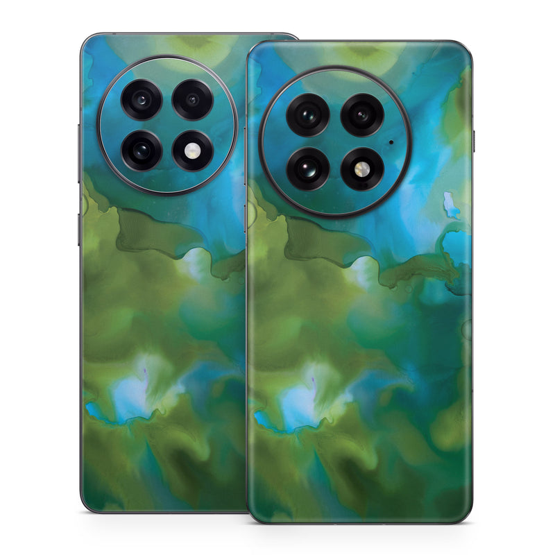 OnePlus 13 Series Skin design of Aqua, Blue, Green, Painting, Turquoise, Teal, Water, Acrylic paint, Art, Organism, with blue, green colors
